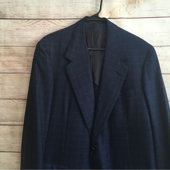 VINTAGE OXXFORD CLOTHES 100% WOOL BLAZER IN NAVY‎ BLUE WINDOWPANE PRINT - Picture 2 of 7